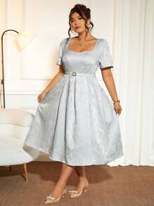 Cravure Plus Size Women Romantic Elegant Embroidered Square Neck Puff Sleeve A-Line Dress, For Dates And Commuting - Blue - View 1