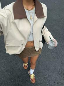 Muchica Autumn New Khaki Color Lapel Collar Short Jacket With Large Pockets - Apricot - View 5