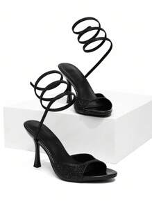 CUCCOO SZL Sandali con tacco alto neri da donna, nuovi e sexy, con cinturini impreziositi da strass e decorazioni a forma di serpente, punta tonda, stiletti adatti per feste, appuntamenti e occasioni serali