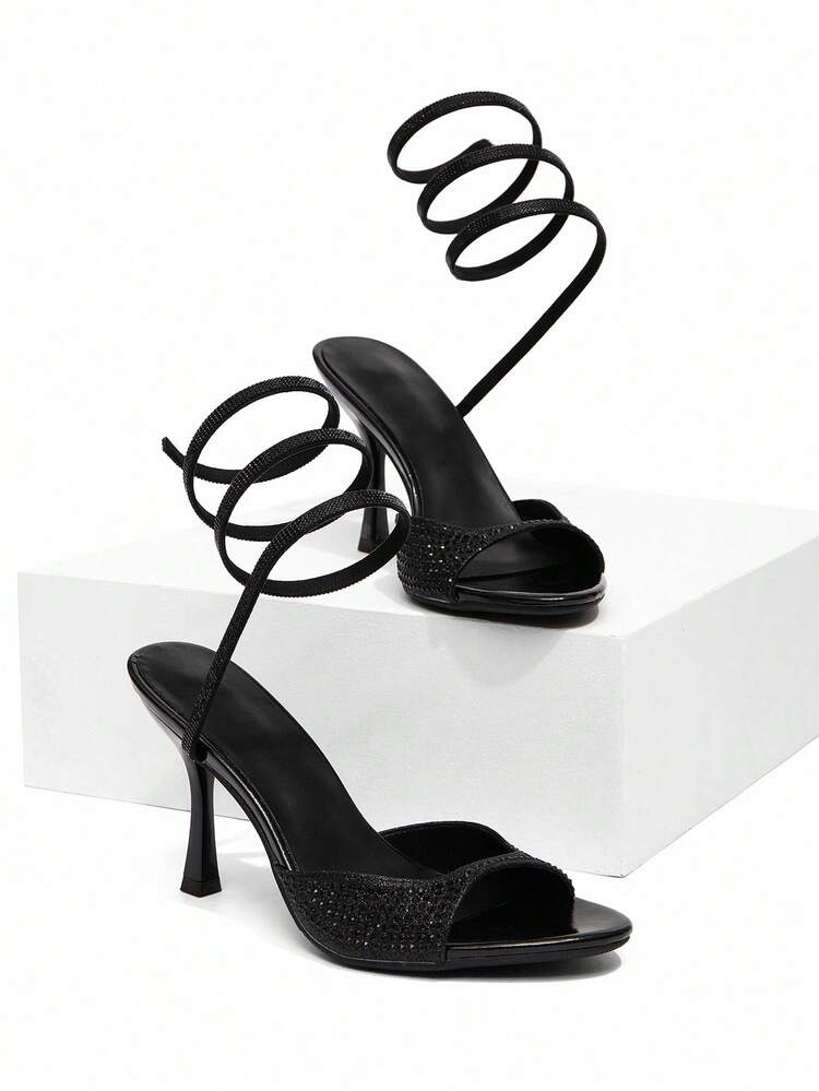 CUCCOO SZL Women's New Sexy Snake-Wrapped Rhinestone Embellished Strap Black High Heel Sandals, Round Toe Stilettos For Party, Date, Evening Wear For Christmas Spring Shoes Prom Heels