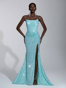 Elitara Váy bó sát thân trước xoắn viền cao thấp tối giản đính sequin màu xanh bạc hà thanh lịch, thích hợp cho kỳ nghỉ, hẹn hò, sinh nhật, tiệc người lớn, vũ hội, tốt nghiệp, khách dự tiệc cưới, dạ tiệc tối - Màu xanh Bạc hà - Xem 6