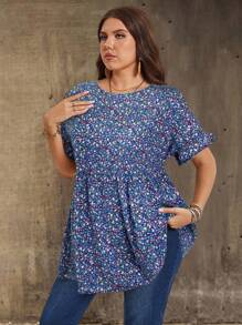 EMERY ROSE Plus Size Women Ditsy Floral Round Neck Short Sleeve Ruffled Hem Shirt For Holiday Plus Size Tunic Tops Plus Size Summer Shirt Tunic Tops For Women Boho Tops Plus Size Plus Size Women Clothes Blouse - Blue - View 4