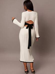 MaterniChic 女式长袖露背蝴蝶结针织连衣裙，秋冬款，孕妇毛衣裙 - 黑與白 - 查看 2