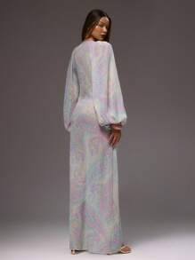 SHEIN x Eduarda Gutierrez MUSERA 花卉佩斯利印花可爱雪纺宽松长袖轻盈系带连衣裙，适合春夏性感海滩俱乐部度假婚礼宾客、秋季婚礼宾客、约会之夜、秋冬夏季穿着 - 彩色 - 查看 5