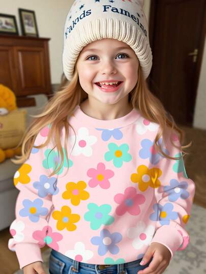 SHEIN Áo nỉ dài tay cổ tròn dáng rộng thoải mái màu hồng kem Happikins dành cho bé gái, in hình hoa hoạt hình Dopamine dễ thương, thích hợp mặc hàng ngày, phù hợp cho mùa thu/đông. Áo nỉ hoa cho bé gái, quần áo trẻ em, áo nỉ hoa cho bé gái mẫu giáo, mùa thu.