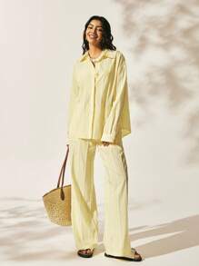 Easelle Set de 2 piezas de blusa y pantalones a rayas de estilo casual para vacaciones de mujer - Azul - Ver 5