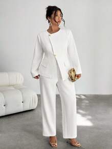 Firerie 2pcs/Set Plus Size Simple Commuter Casual Single-Breasted Blazer And Pants Suit In Fall/Winter - White - View 1