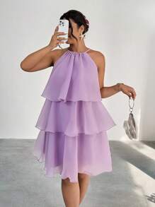 Firerie 大码女式优雅轻盈无袖多层蛋糕连衣裙，舒适休闲，适合春夏季约会、聚会、派对 - 紫色 - 查看 4