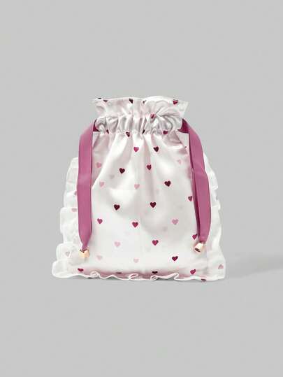Kawaii Bolsa de cosméticos con cordón estampado con patrón de corazón, bolsa de almacenamiento de ropa interior para viajes