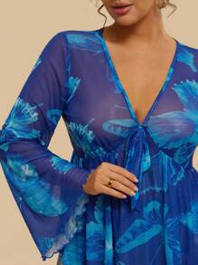 SHEIN VCAY 大码女式蝴蝶印花前系带喇叭袖时尚衬衫夏装女式夏季衬衫女式服装蓝色上衣女式蓝色夏季上衣皇家蓝上衣透明蓝上衣