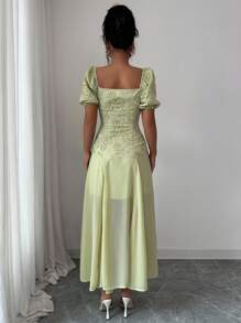 Elenzga Women's Fashion Elegant Romantic Square Collar Patchwork Embroidered Dress - Green - View 2