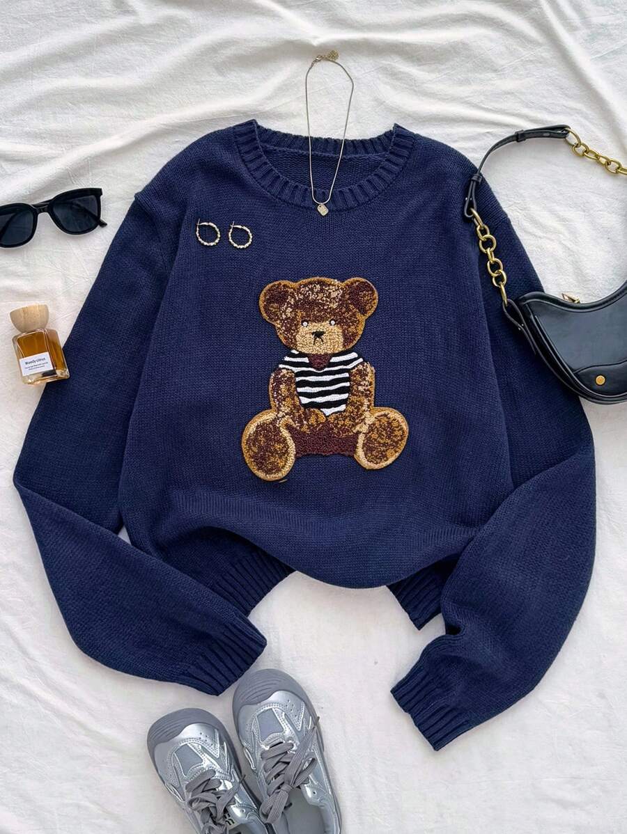 SHEIN Teenage Girl Oversized Crew Neck Casual Bear Graphic Long Sleeve Pullover Sweater In Blue, Red, White, Thermal, Fashionable Streetwear, Loose, Suitable For School, Sports, College, Vintage,In Fall/Winter
