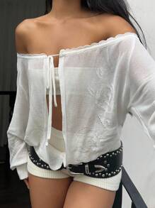 Sunnyshic Women's Vacation One-Shoulder Twist Open Front Knitted Cardigan - White - View 5