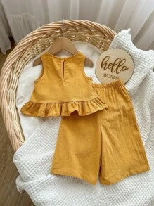 Baby Girl Cute Solid Color Ruffle Hem Camisole & Pants 2Pcs Suit, Summer