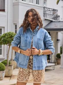 Aralina 女式长袖单排扣口袋牛仔休闲夹克 - 淺色水洗藍 - 查看 6