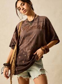 Easelle Women's Fashion Boho Round Neck Batwing Sleeve Coffee Brown Knit T-Shirts With Print For Summer Outfits Western Nomadic Graphic Tees