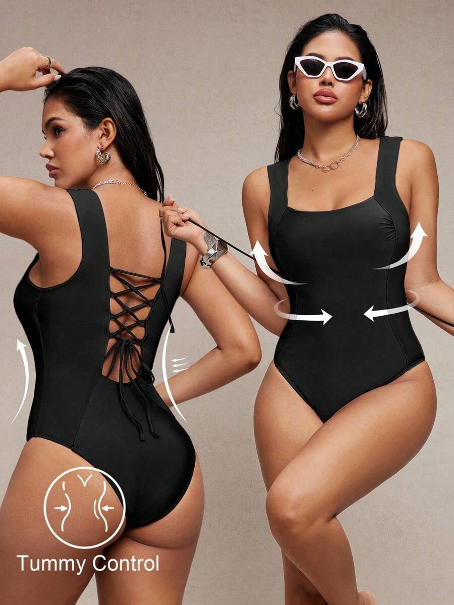 SHEIN Swim Women's One-Piece Solid Color Contrast Drawstring Sexy Beach Swimsuit, Summer New Style - Black - View 1