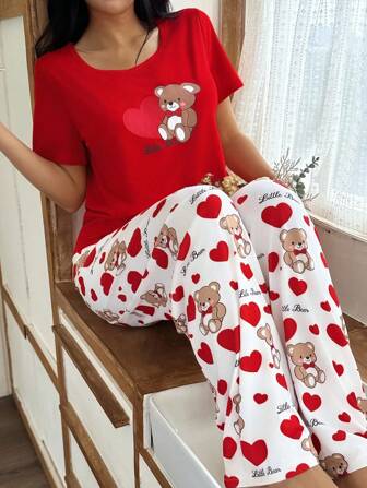 Cartoon Heart Bear Print Casual Short Sleeve & Long Pants Women Pajamas Set Teddy Bear Pajama Set Cute Pajama Set For Women Cute Pjs For Women Red Pajama Set Women Cartoon Pajamas Women