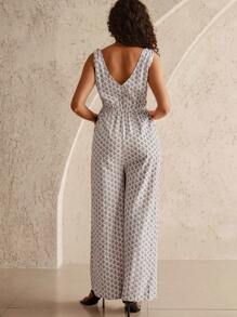 MaterniWear Maternity V-Neck Sleeveless Single-Breasted Argyle Pattern Casual Jumpsuit, Summer Woman S Summer Clothes Women Summer Sets Summer Dresses For Women Women S Clothes - Multicolor - View 2