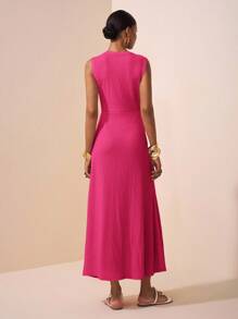 Zivah Rochie lungă pentru femei, de primăvară și vară, casual și elegantă, cu guler rotund, fără mâneci, decorată cu catarame metalice, cu coadă de pește, cu clapă deschisă, din material tricotat texturat negru, B - Roz fierbinte - Vizualizare 2