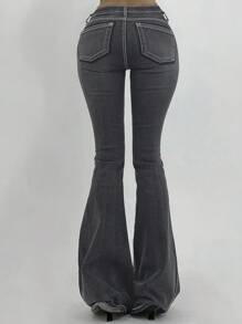 DAZY Jeans évasés à taille basse, effet vintage lavé, avec col contrasté et ourlet brut pour femmes - Noir - Voir 5