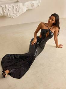 Vowa Robe de soirée de style avant-gardiste, sexy et à la mode. Avec un décolleté ras-du-cou, un dos nu, un filet, des sequins noirs, une découpe, un laçage et un sous-vêtement moulé. Avec une base de sirène. Convient pour les boîtes de nuit, les fêtes et les vacances.