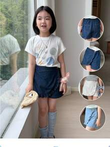 SHEIN Conjunto informal de 3 piezas para niña, de estilo sencillo y cómodo para vacaciones, que incluye una falda pantalón de tela vaquera con volantes, cintura elástica y bolsillos planos en la parte posterior - Multicolor - Ver 5