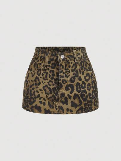 SHEIN PETITE 女式夏季时尚豹纹牛仔迷你裙