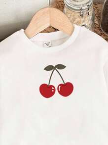 SHEIN 2 件套可爱樱桃印花，可爱樱桃女孩图案圆领长袖运动衫和紧身裤套装，时尚休闲儿童秋冬装 - 彩色 - 查看 4