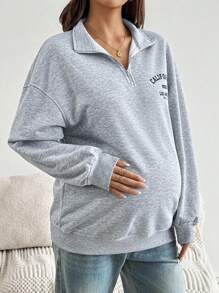 SHEIN Autumn And Winter Maternity Loose Fit Half-Zip Floral Print Lightweight Sweatshirt, Gray Grey Sweatshirt Fall Winter Casual Women Oversized Sweatshirt Woman Women Sweatshirts - Grey - View 4