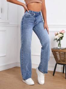 SHEIN Tall 休闲水洗不对称腰直筒牛仔裤 - 藍色 - 查看 3