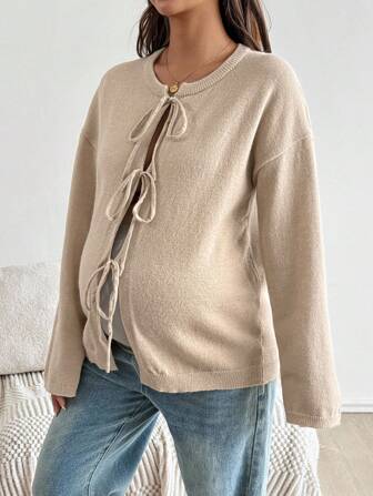 SHEIN Effen damesvest met lange mouwen en knoop, geschikt voor woon-werkverkeer, minimalistisch, kantoorkleding, eenvoudige stijl, effen damesvest met strikband aan de voorkant en ceintuur, kan over een T-shirt worden gedragen, tops met lange mouwen, lichtgewicht zwangerschapsvest, zwangerschapstrui