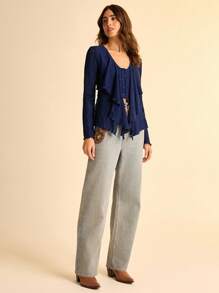 CAJUNI V-Neck Tie Waist Flare Sleeve Textured Fabric Long Sleeve Casual Top Casual Blouse For Women Fall Clothes For Women  Fall Outfits For Women