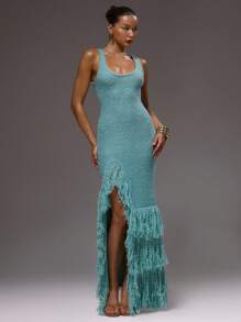 MUSERA Rochie maxi tricotată cu decolteu rotund, franjuri, decupate, sexy, vară, Ibiza, vacanță, drăguță, invitată la nuntă, toamnă, invitată la nuntă, elegantă, ziua de naștere, biserică, ieșire în oraș