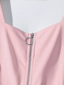 SHEIN Clasi 女式夏季休闲纯色方领荷叶边袖孔拉链前开襟连体裤 - 粉色 - 查看 3