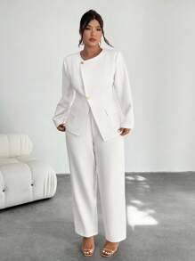 Firerie 2pcs/Set Plus Size Simple Commuter Casual Single-Breasted Blazer And Pants Suit In Fall/Winter - White - View 4