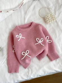 SHEIN Vintaside Kids Cute Bow Decor Girls Pullover Round Neck Sweater, Fashion & Versatile Pink Sweater For Girls Girls Pink Knit Sweater Tween Girl Pink Bow Sweater Bow Knit Sweater Girls Girls Knit Sweater With Bows Girls Pink Bow Sweater Tween Girl Sweater Kids Pink Sweater Dusty Pink Knit Pullover For Girls With Embroidered Bow Details And Cute Round Neck Style Cute Dusty Pink Knit Sweater For Girls With Long Regular Sleeves And Embroidered Letter Design Girls' Round Neck Dusty Pink Sweater With Tight Hem Tween Fall Winter - Dusty Pink - View 3