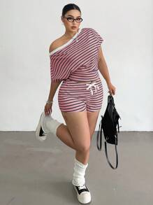 POPSWAY 女士条纹露肩性感短款长袖上衣和抽绳休闲短裤套装 - 粉色 - 查看 6
