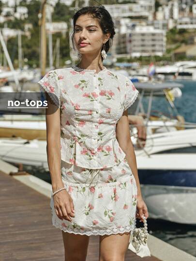 Enchnt 春夏浪漫女士杏色花卉刺绣印花蕾丝拼布休闲迷你裙，甜美优雅，适合度假、约会、节日、派对、毕业典礼、婚礼嘉宾和海滩，甜美优雅，适合假期