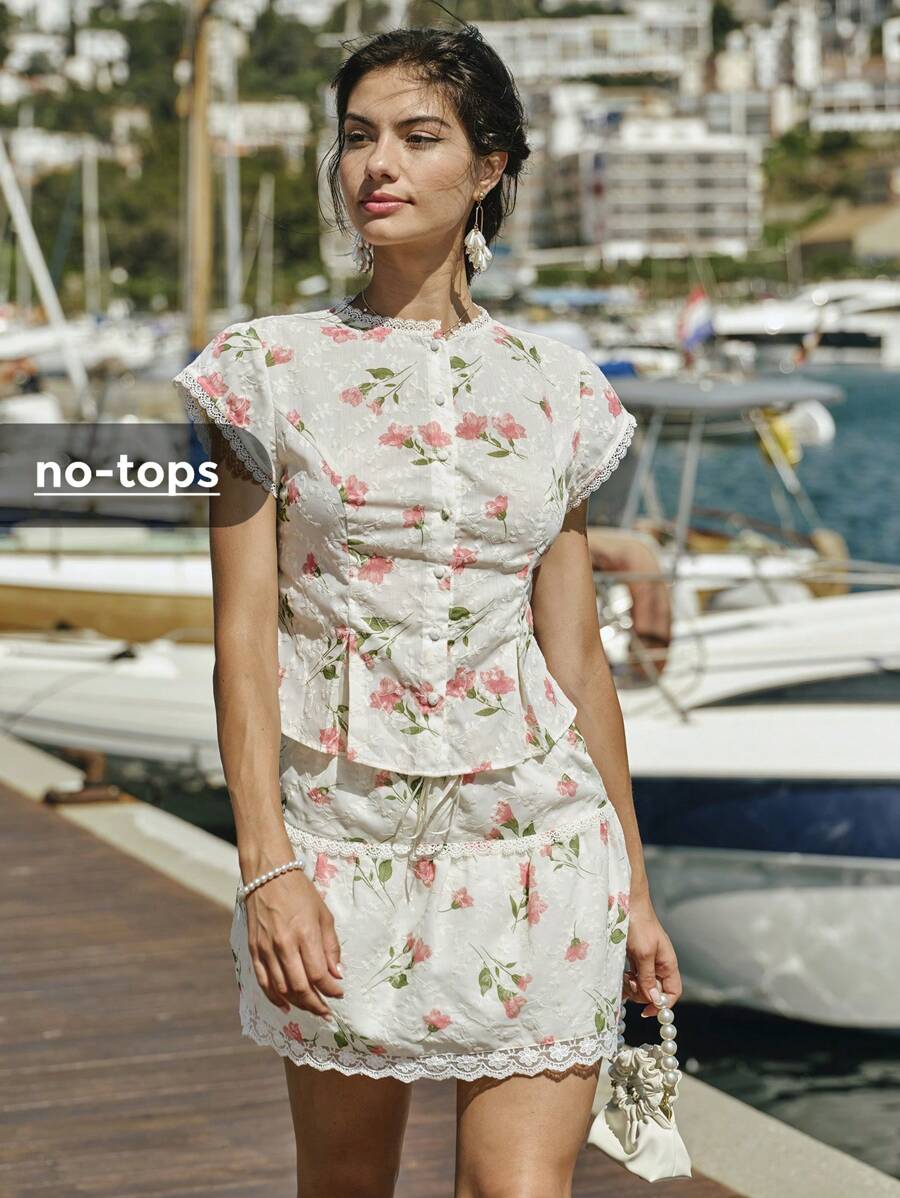 Enchnt 春夏浪漫女士杏色花卉刺绣印花蕾丝拼布休闲迷你裙,甜美优雅,适合度假、约会、节日、派对、毕业典礼、婚礼嘉宾和海滩,甜美优雅,适合假期 - 杏色 - 查看 1