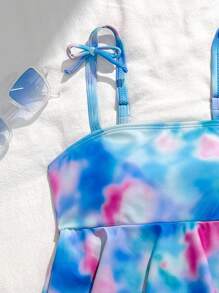Tween Girls' Tie-Dye Bowknot Strap Multi-Tier Ruffle Hem Tankini Swimsuit, Beach/Holiday - Blue - View 5