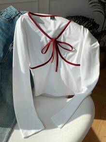 Comfortcana 撞色饰边系带白色针织女式 T 恤 - 白色 - 查看 5