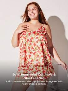 LUVLETTE Plus Silky Satin Heart Print Whimsical Patterned V-Neck Camisole Top & Shorts Airy Loungewear Pajama Set