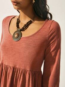 Easelle Damen Western Boho Rundhals Laternenärmel Rücken Twist Casual Ziegelrot Gestrickte Baumwolle Nackter Rücken Träger Kleid Herbst Damen Kleidung