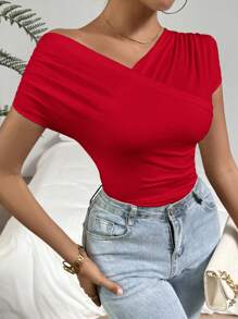 Firerie Tricou elegant pentru femei, culoare solidă, cu guler asimetric, înfășurat, de vară - roșu - Vizualizare 3