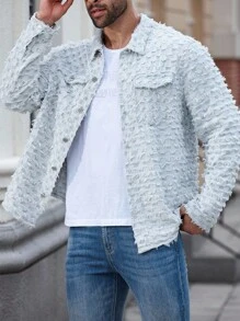 Manfinity Homme Plus Size Men's Front Button Frayed Trim Long Sleeve Denim Shirt, Textured Denim Jacket, Fall - Blue - View 4