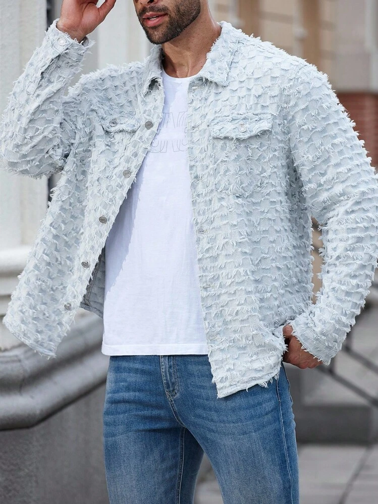 Manfinity Homme Áo sơ mi denim tay dài viền tua rua cài nút phía trước cỡ lớn dành cho nam, áo khoác denim họa tiết, mùa thu - Màu xanh lam - Xem 4