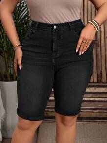 EMERY ROSE Pantalones cortos vaqueros casuales y versátiles con bolsillos decorativos para mujer de talla grande - Negro - Ver 3