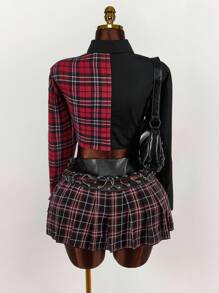 Amplova 色块格子拼布衬衫和金属环褶裙套装