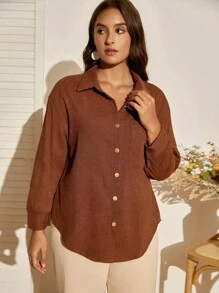 SHEIN LUNE 大碼素色前紐扣襯衫 - 鏽棕色 - 查看 4